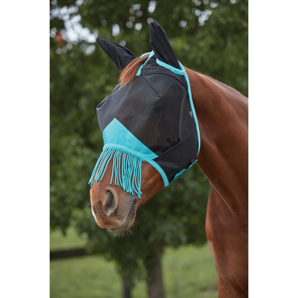 WeatherBeeta Vliegenmasker ComFiTec Deluxe Fine Mesh met Oren en Franjes Zwart/Turquoise